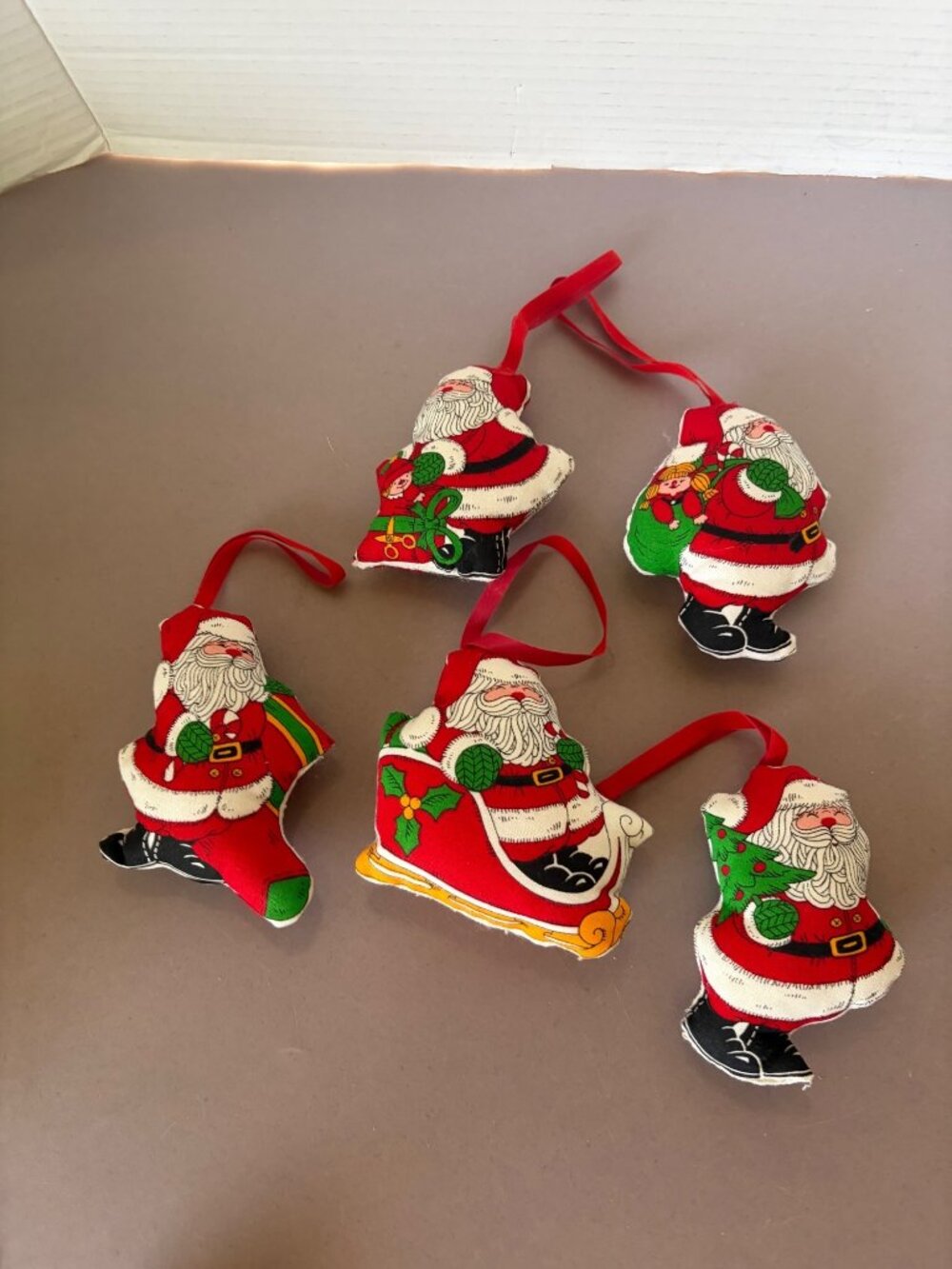Set Of 5 Vintage Santa & Sleigh Stuffed Christmas Ornaments With Red Hanging Rib